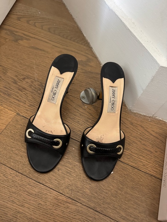 Jimmy Choo Shoes - Jimmy Choo Black Leather Slide Heels with Gold-Tone Eyelets